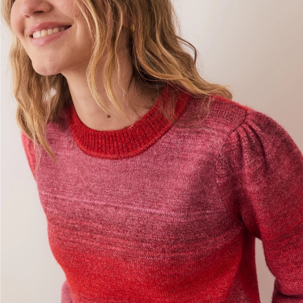 NEW❤️Marine Layer Women's Ayla Puff Sleeve Crewneck Sweater Red Pink Warm Ombre - Picture 5 of 9